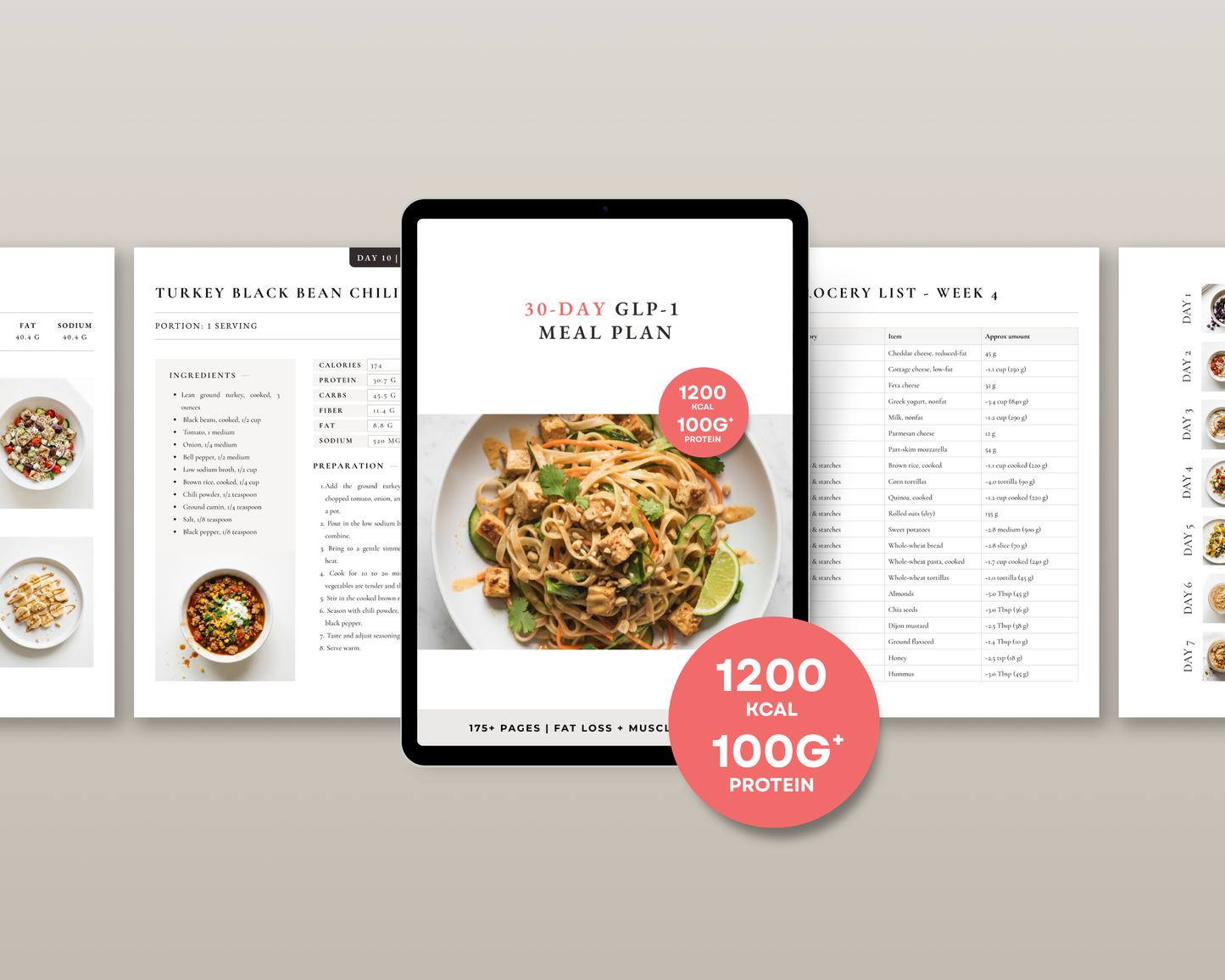Tablet mockup of the 30-day Wegovy diet plan PDF open on a kitchen counter