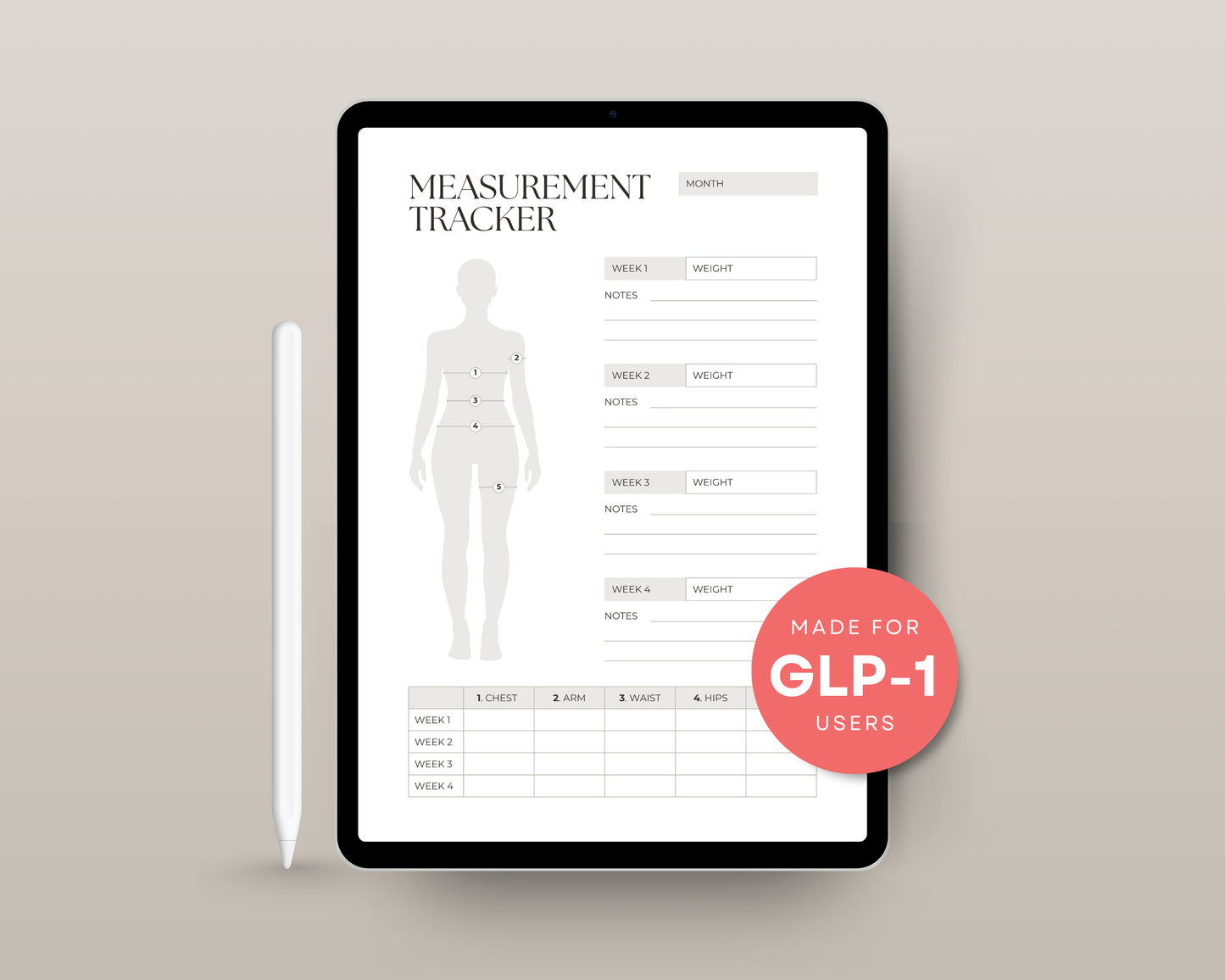 Body measurement tracker printable for GLP-1 users — Black & Rose cover, PDF download