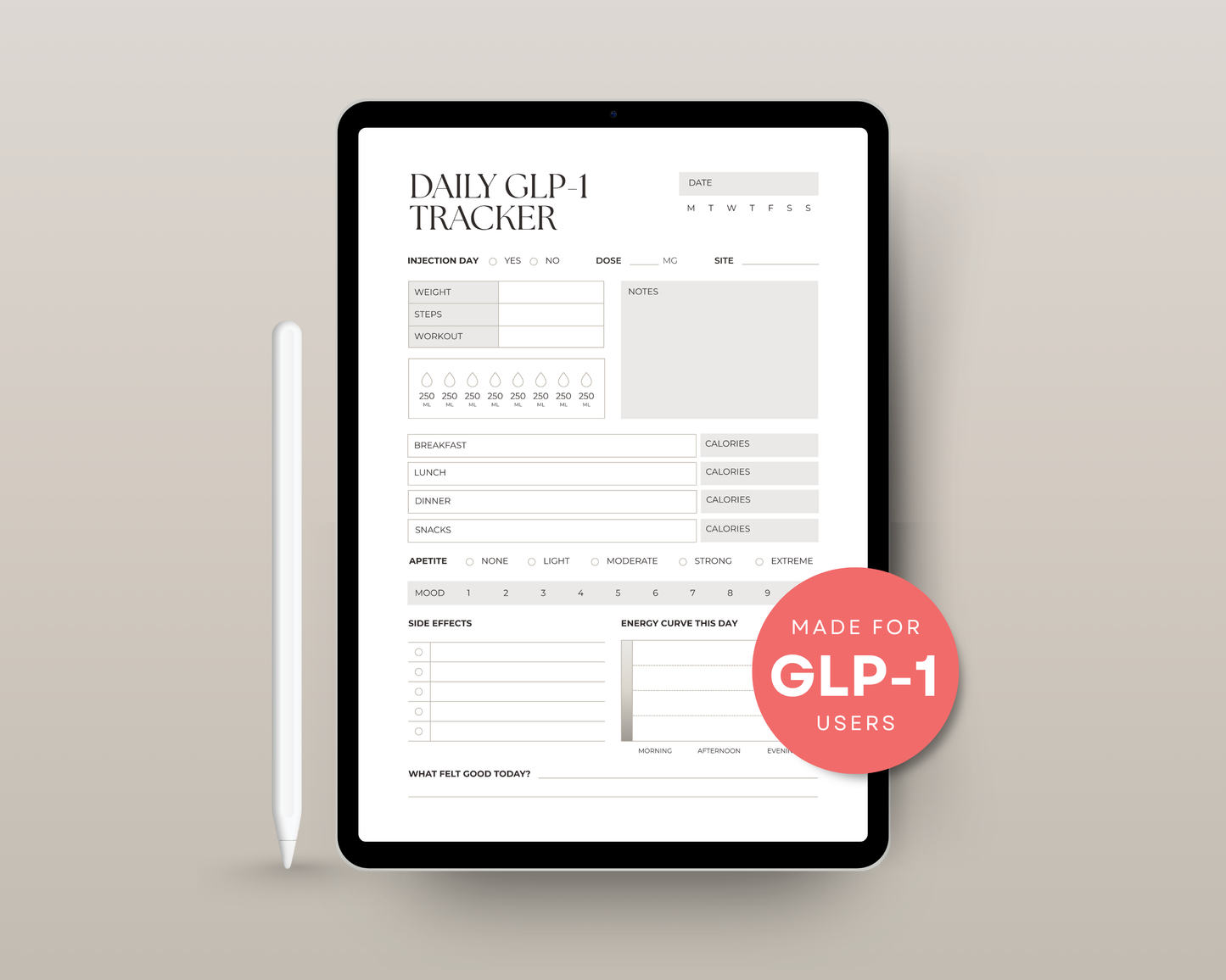 Daily GLP-1 tracker printable cover in Black & Rose — food, protein and water log PDF