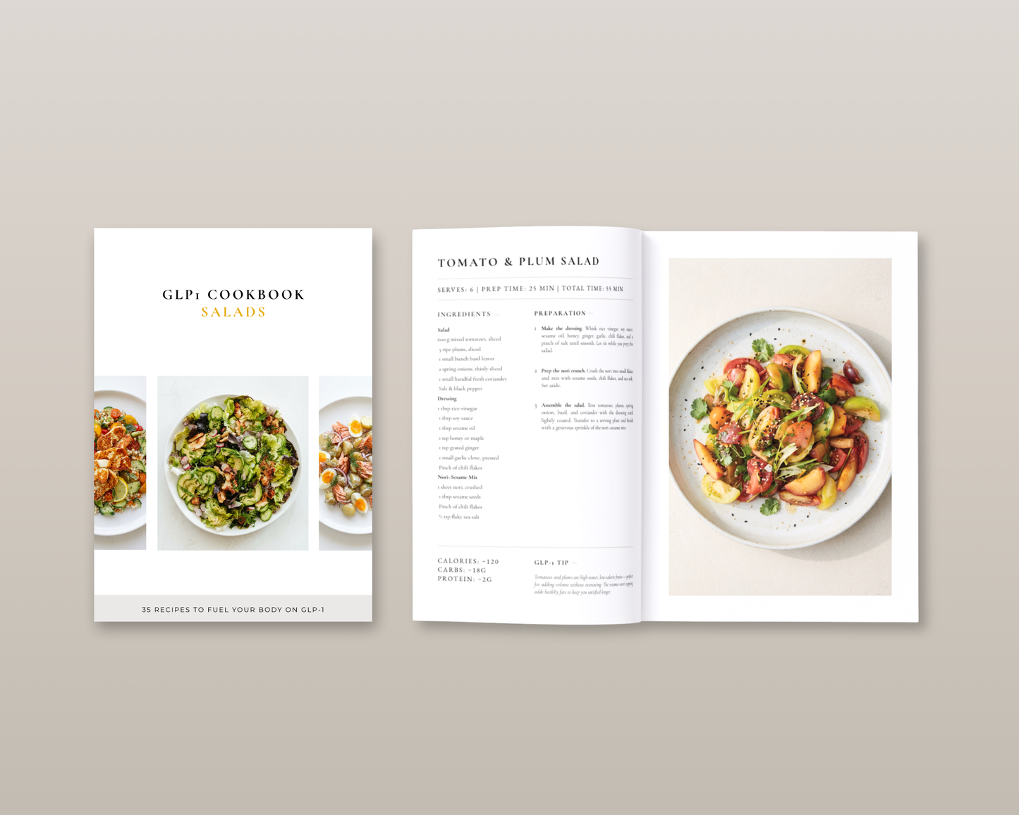 GLP-1 Salads Cookbook mockup displayed on tablet — ideal for Ozempic and Mounjaro users