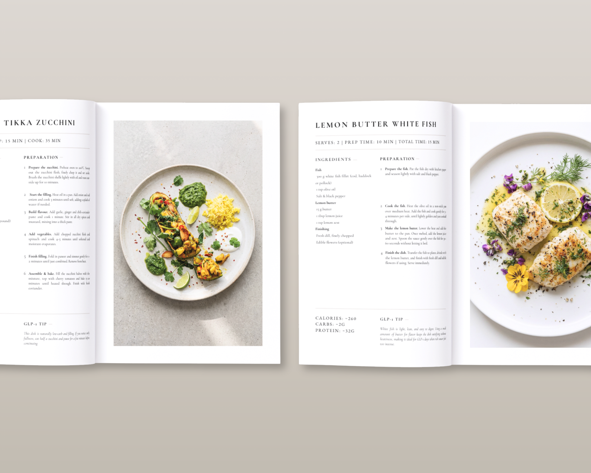 Cookbook page featuring a high-protein light meal for GLP-1 medication users