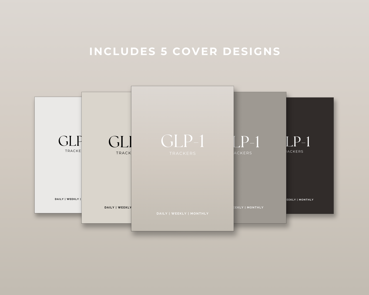 GLP-1 tracker bundle cover in warm beige with Daily Weekly Monthly label — calm minimal design