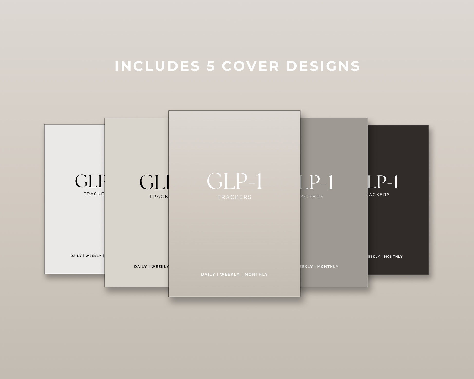 GLP-1 tracker bundle cover in warm beige with Daily Weekly Monthly label — calm minimal design