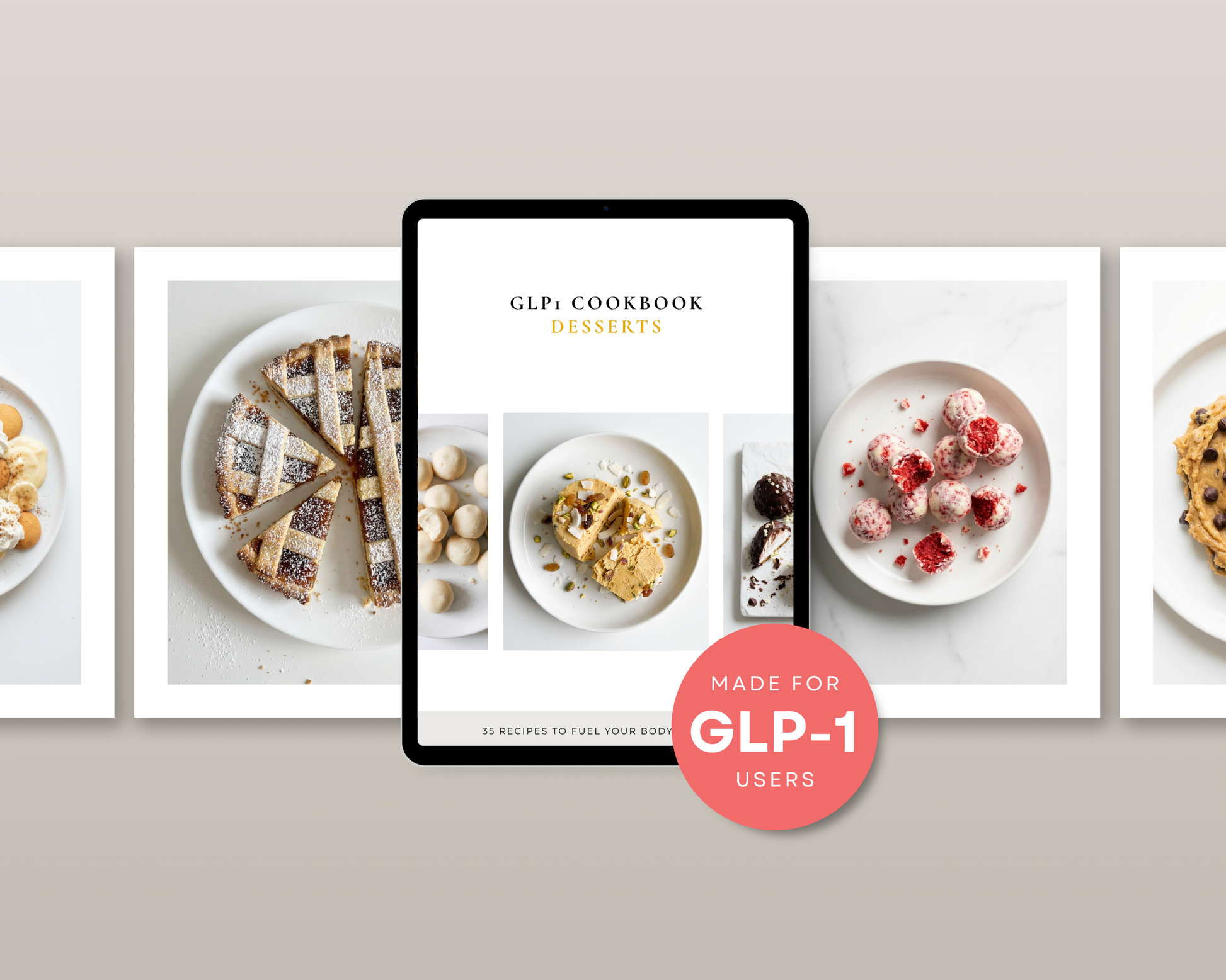 Semaglutide-friendly sweets cookbook digital mockup on neutral background