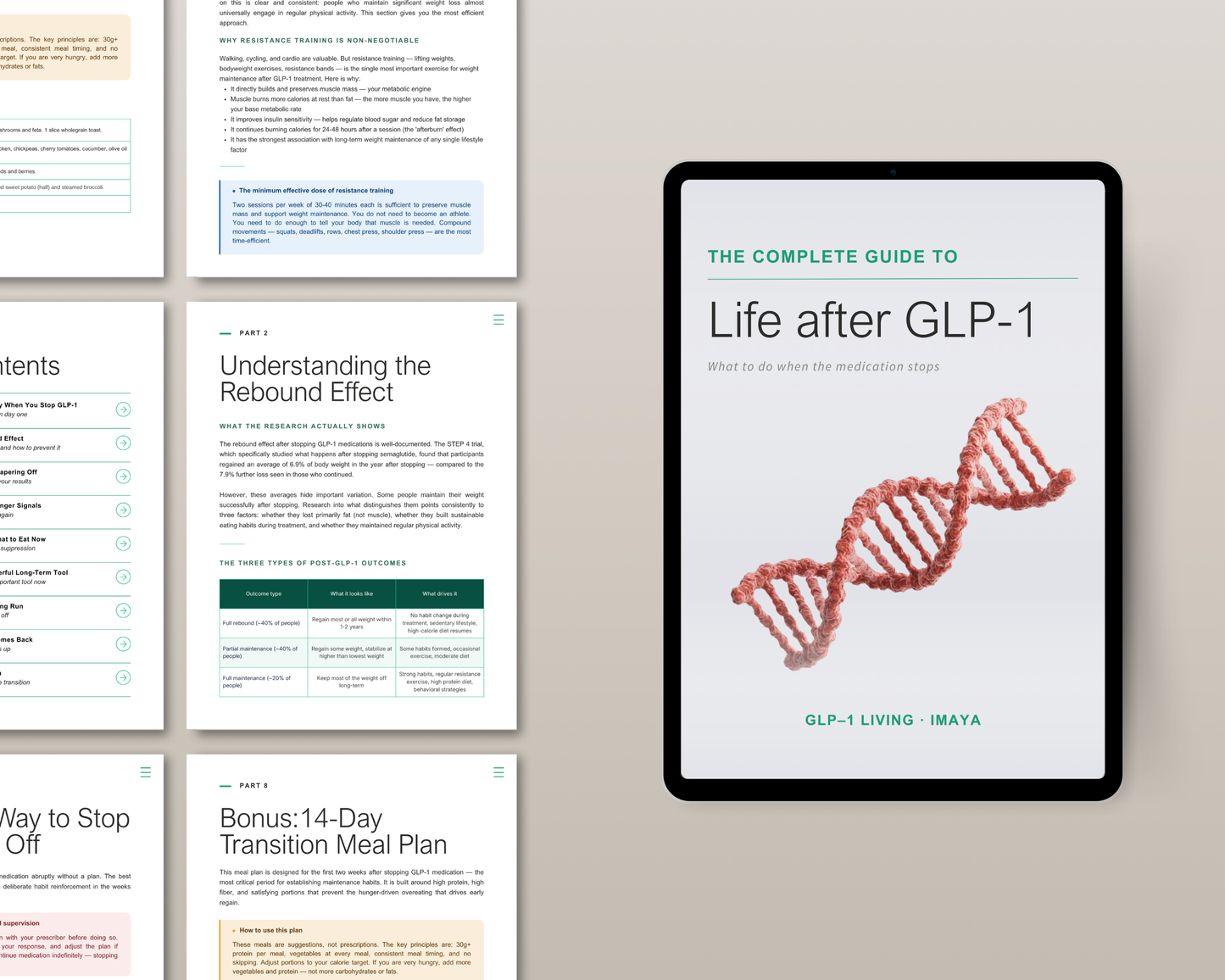 Food strategy section for stopping Ozempic — guide open showing appetite reset tips