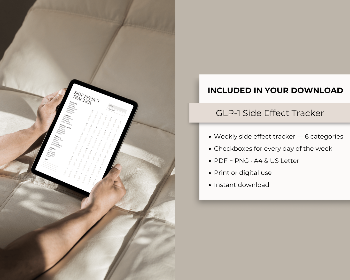 Semaglutide side effect log printable open spread showing nausea and fatigue tracking fields