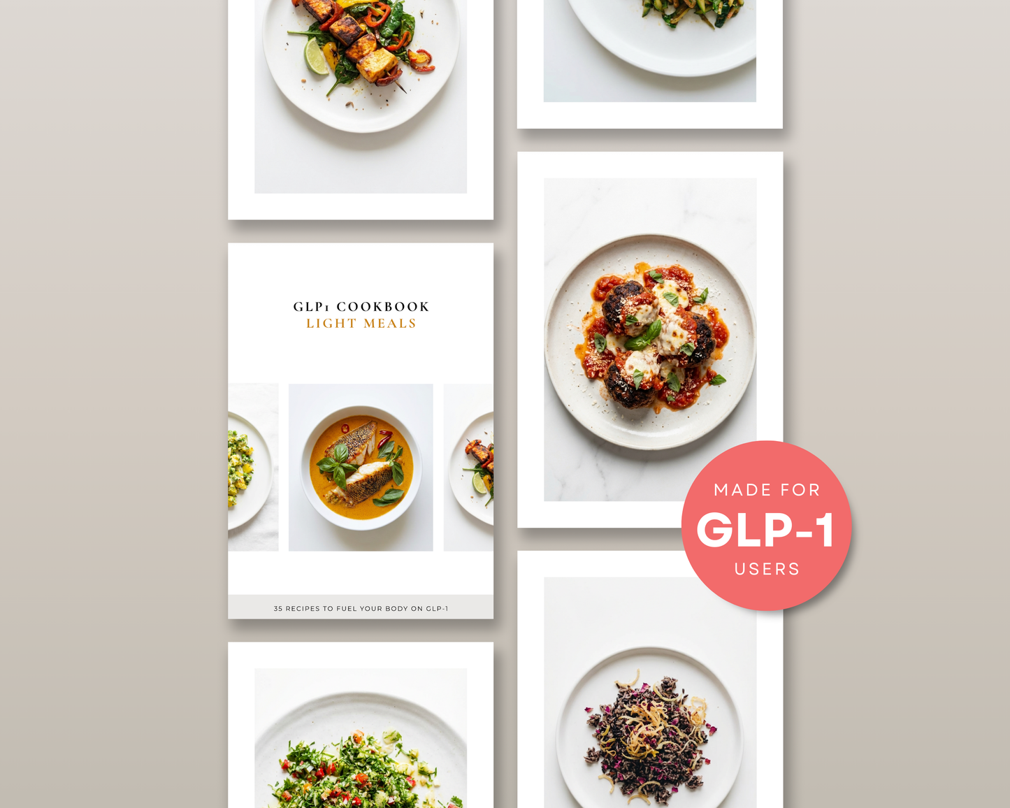 Digital mockup of the GLP-1 Light Meals Cookbook displayed on a tablet