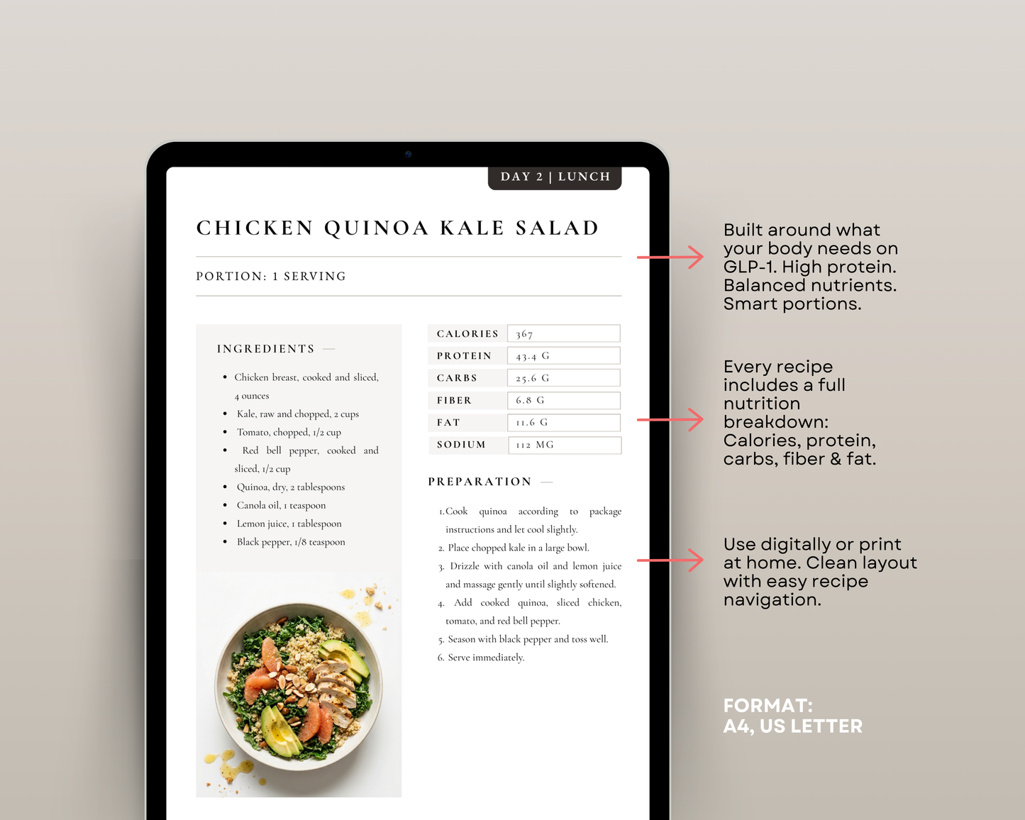 Food list page from the 7-day GLP-1 meal plan PDF showing approved weekly ingredients