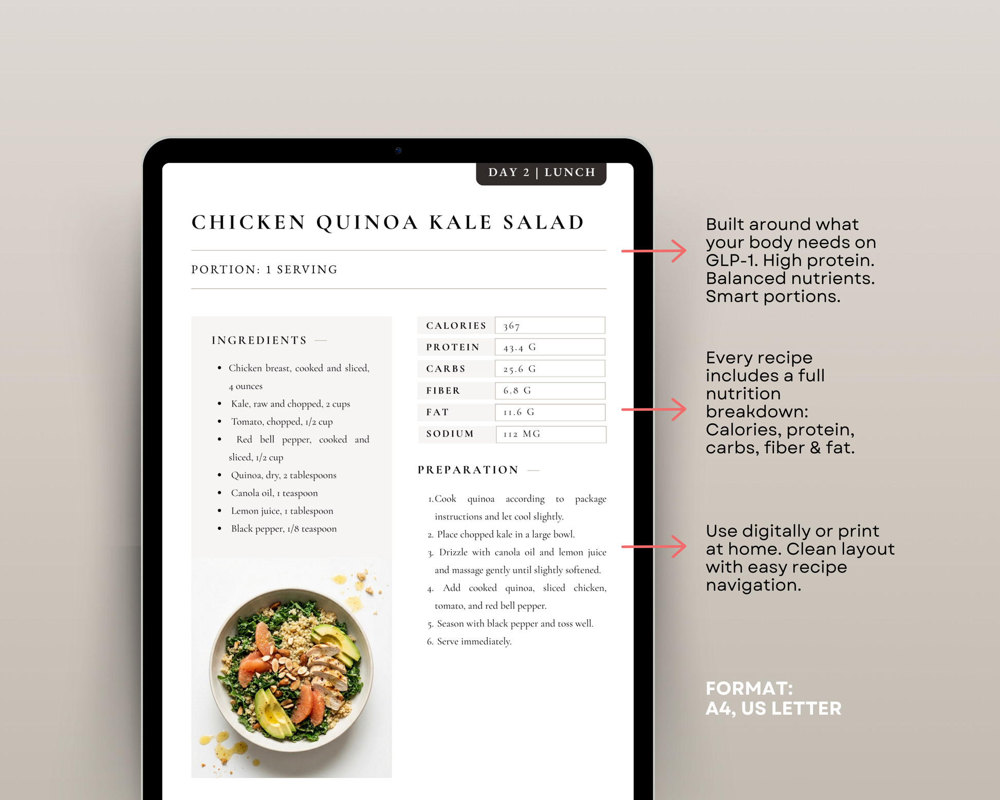 Food list page from the 7-day GLP-1 meal plan PDF showing approved weekly ingredients