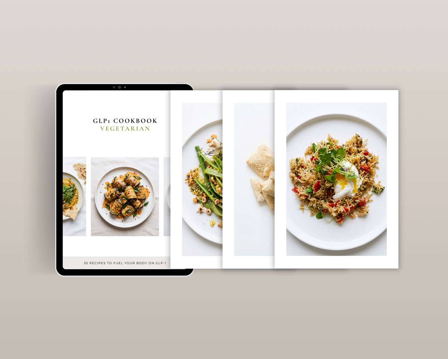 GLP-1 recipe book open to a high-protein plant-based dinner for Mounjaro users
