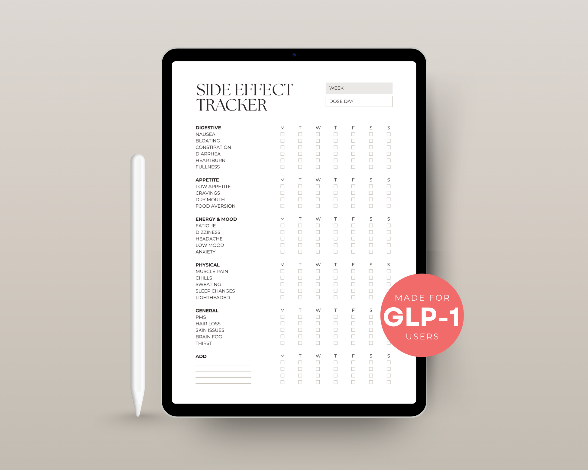 Inside page of the GLP-1 side effect tracker showing daily symptom log fields