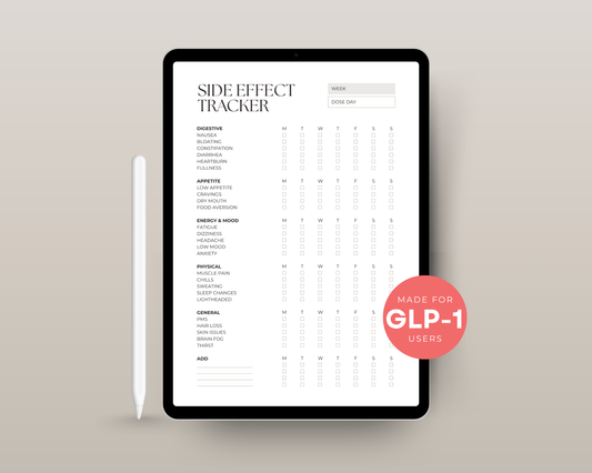 Inside page of the GLP-1 side effect tracker showing daily symptom log fields
