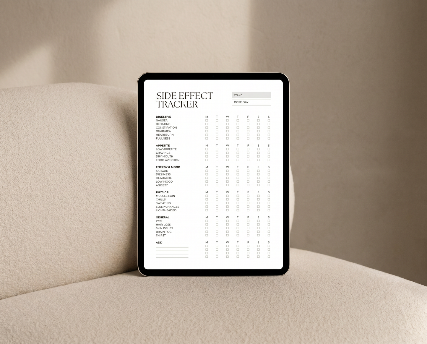 GLP-1 side effect tracking sheet on a clipboard — structured semaglutide symptom log