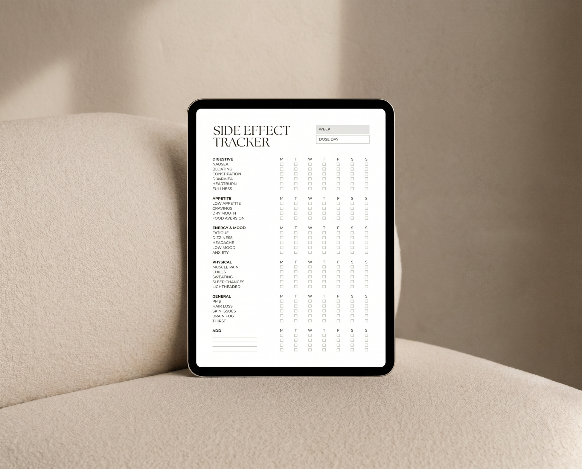 GLP-1 side effect tracking sheet on a clipboard — structured semaglutide symptom log