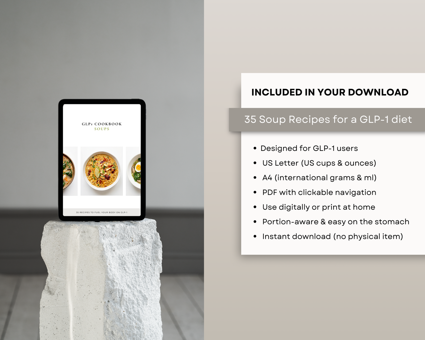 High protein soup recipe page from the GLP-1 Soups Cookbook with ingredients list