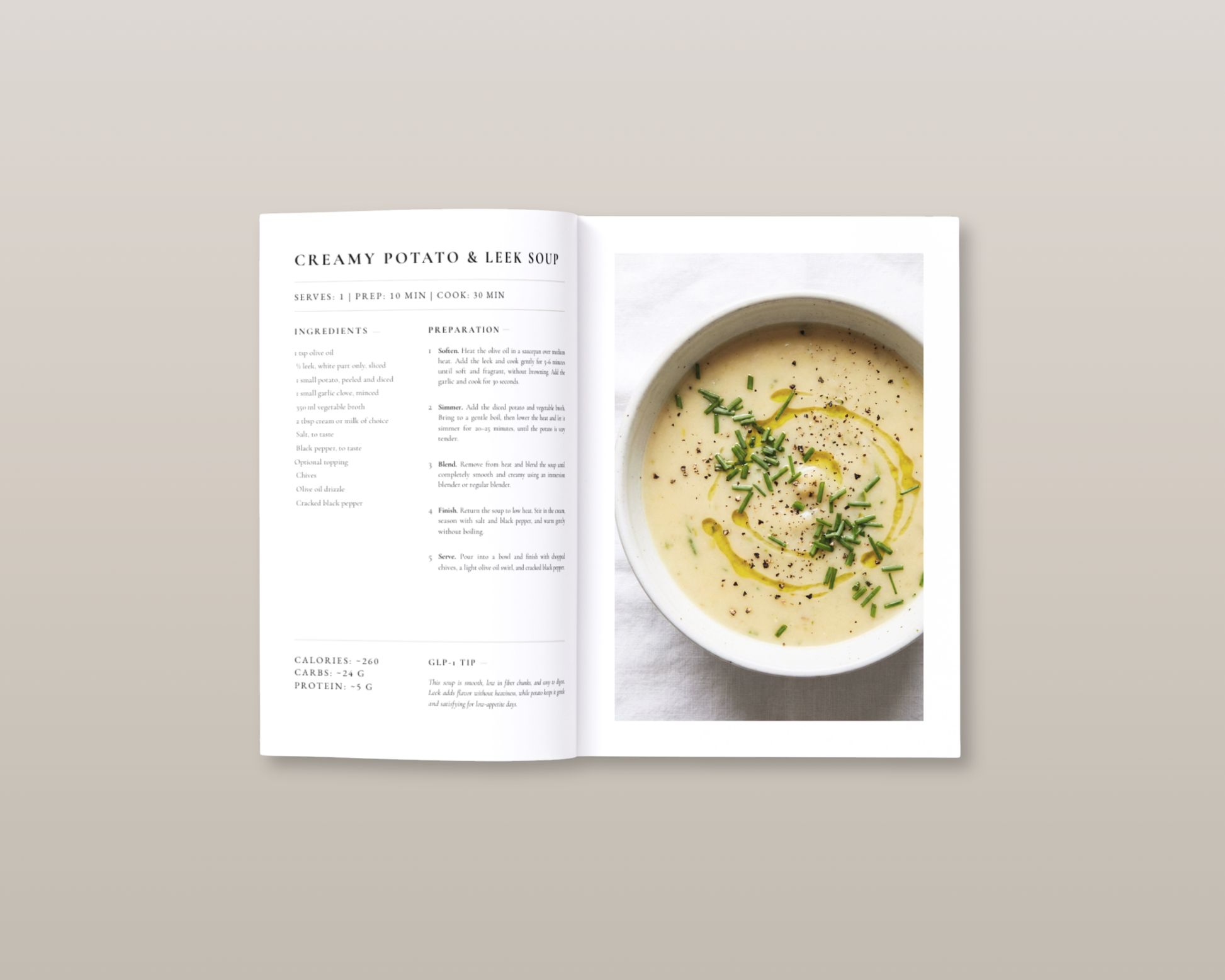 GLP-1 Soups Cookbook open on an iPad on a kitchen counter — lifestyle shot