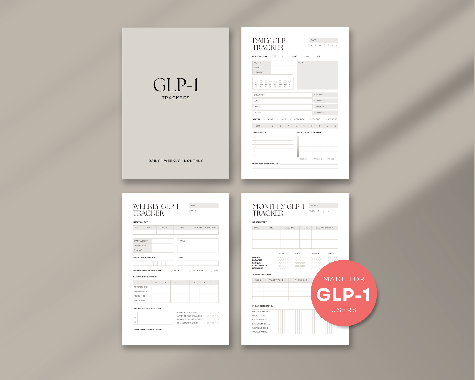 Included in download overview: 3 GLP-1 trackers, 5 covers, PDF and PNG, A4 and US Letter sizes
