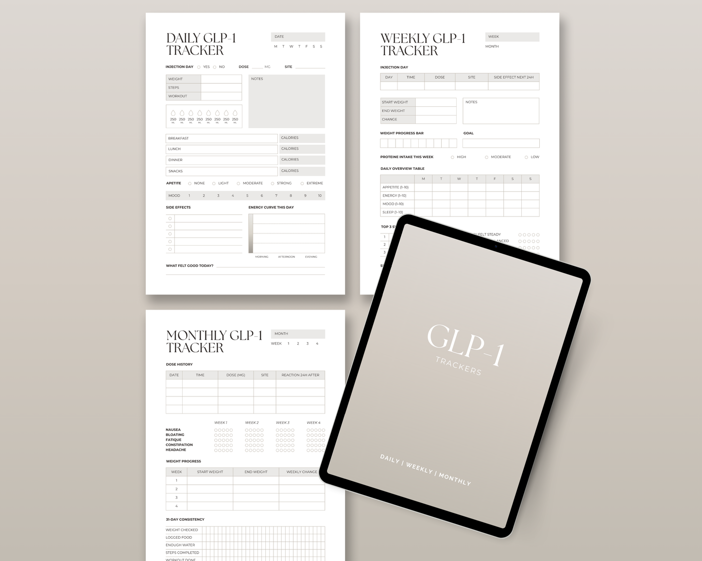 GLP-1 Premium Tracker Bundle in warm beige — tablet held by hand showing Daily Weekly Monthly cover
