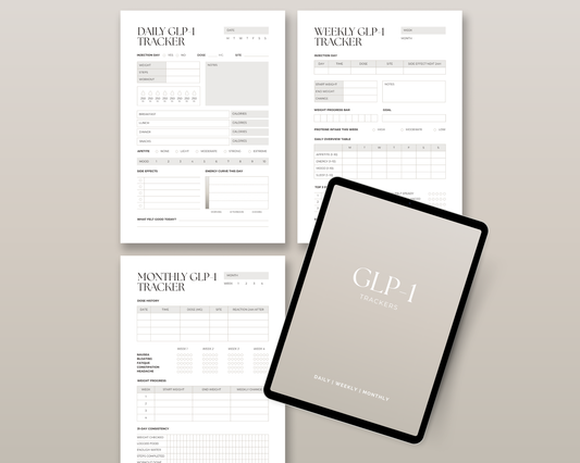 GLP-1 Premium Tracker Bundle in warm beige — tablet held by hand showing Daily Weekly Monthly cover
