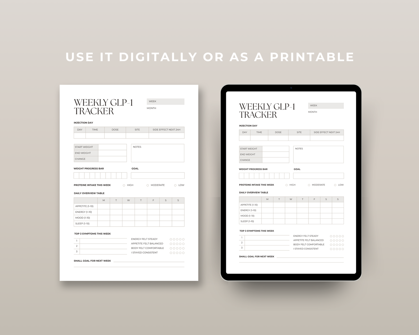 GLP-1 daily tracker printable PDF in beige aesthetic — habit and meal tracking for Ozempic and Wegovy users