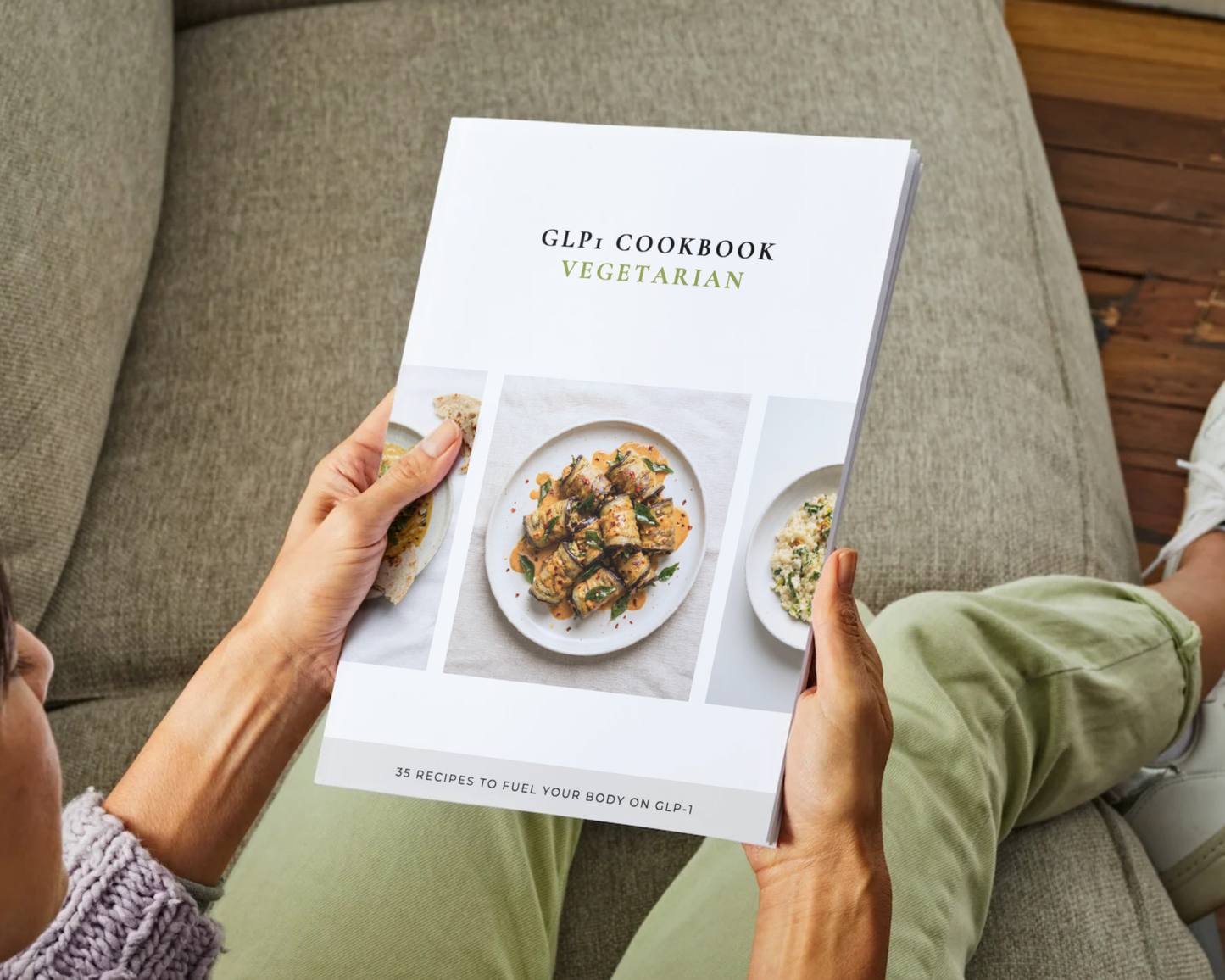 Inside page showing lentil dal recipe with protein count and GLP-1 portion tip