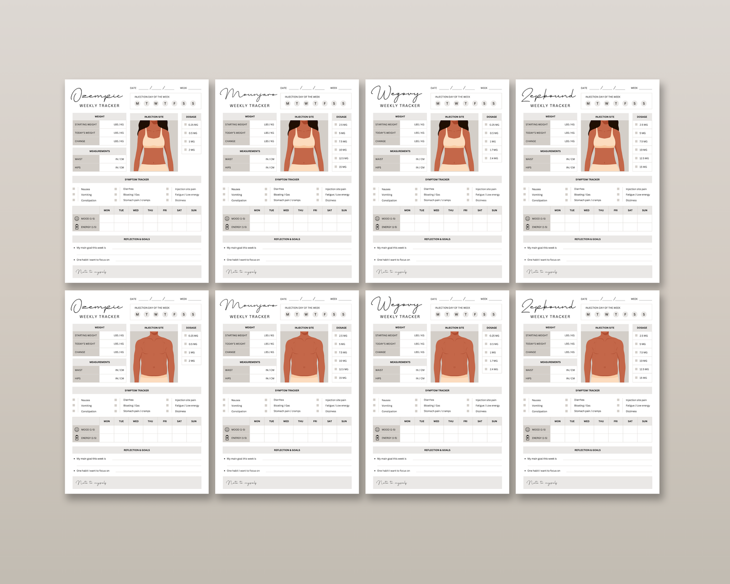 GLP-1 weekly tracker injection site body diagram for men and women, front and back view
