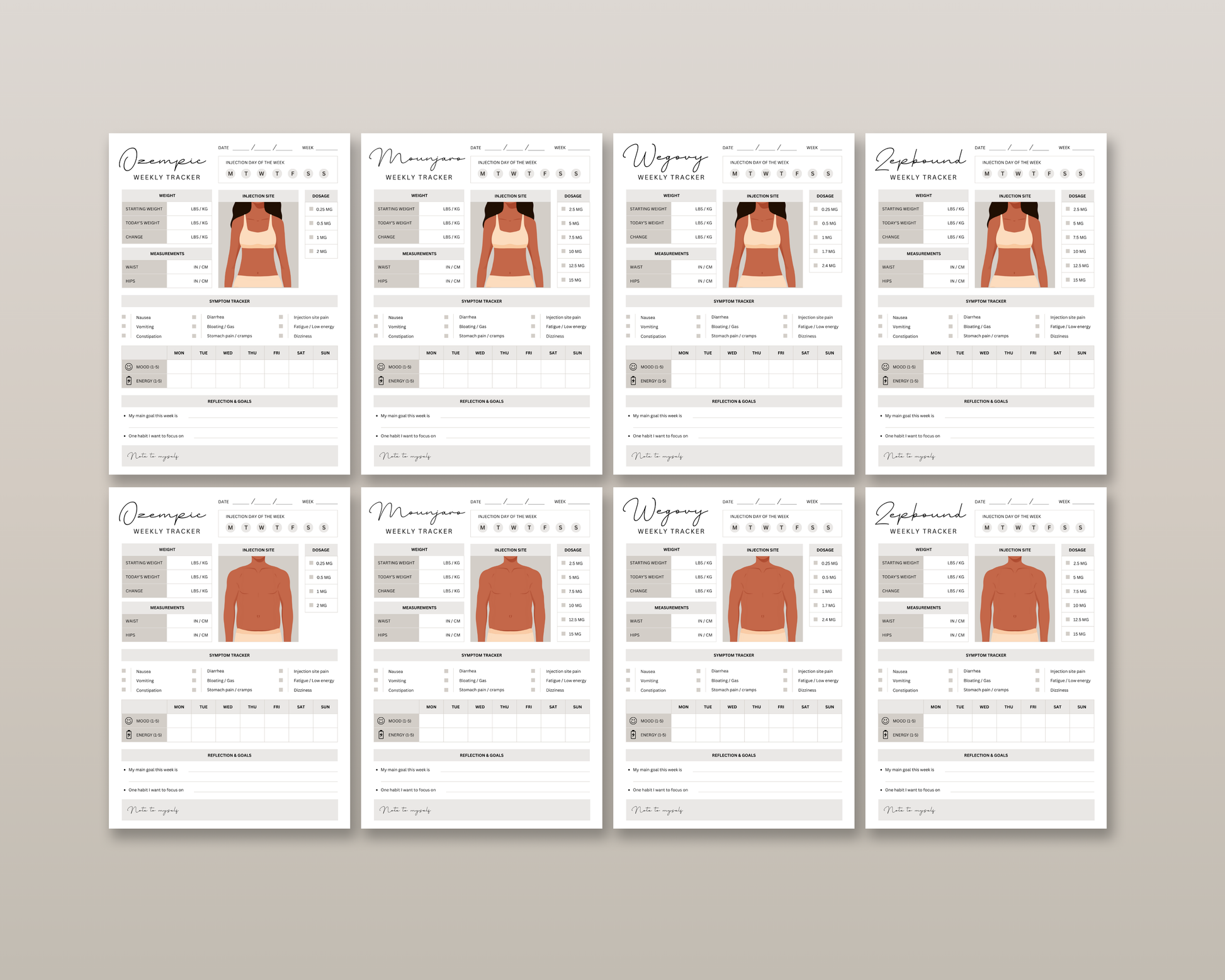 GLP-1 weekly tracker injection site body diagram for men and women, front and back view
