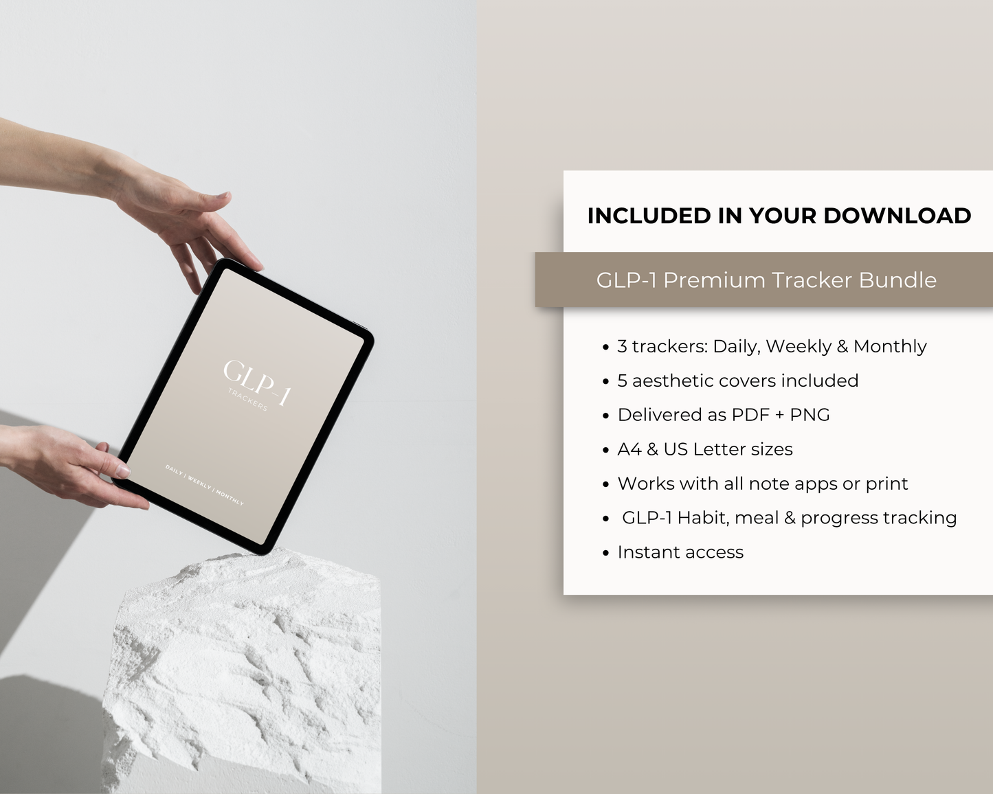GLP-1 tracker bundle beige aesthetic mockup on stone pedestal — daily weekly monthly trackers for GLP-1 users