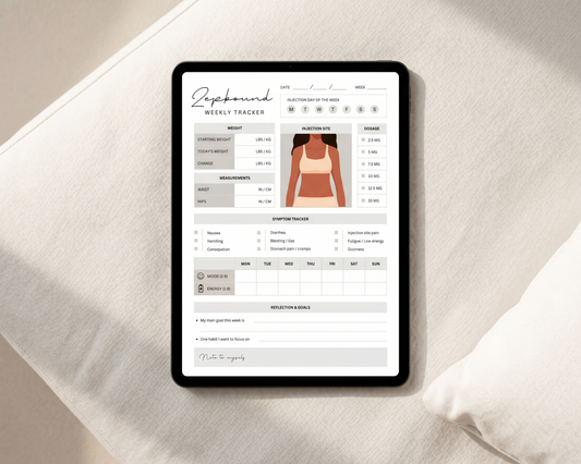 Ozempic weekly tracker page with dosage checkboxes, symptom log, and mood grid

