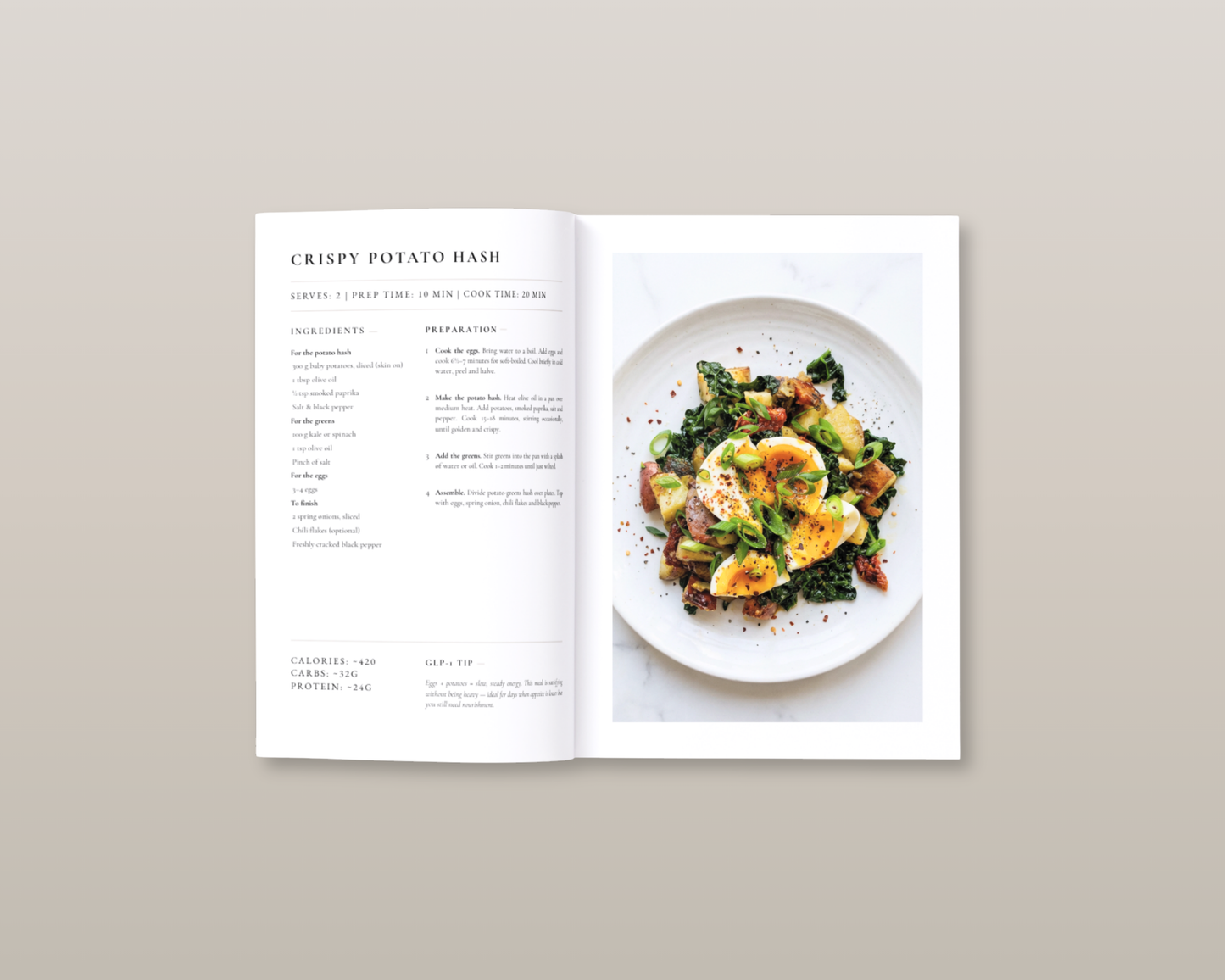 Salmon recipe page from GLP-1 cookbook showing protein count and portion size