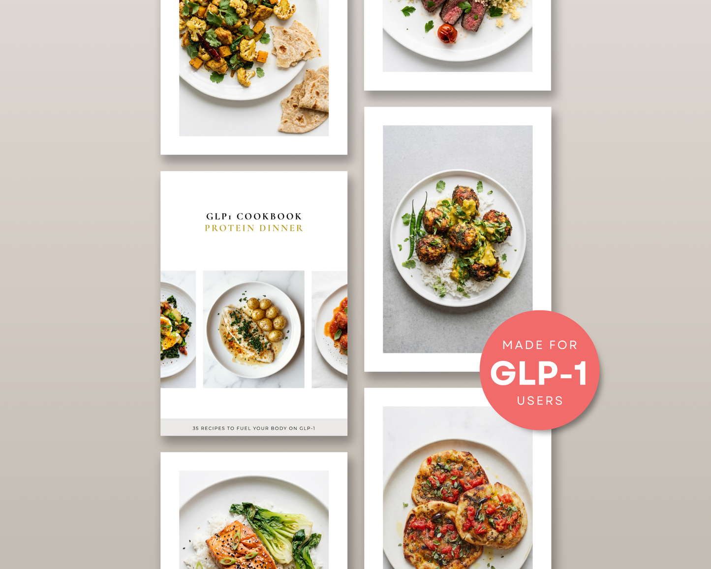 High-protein GLP-1 cookbook open on tablet showing day 1 recipe with macros