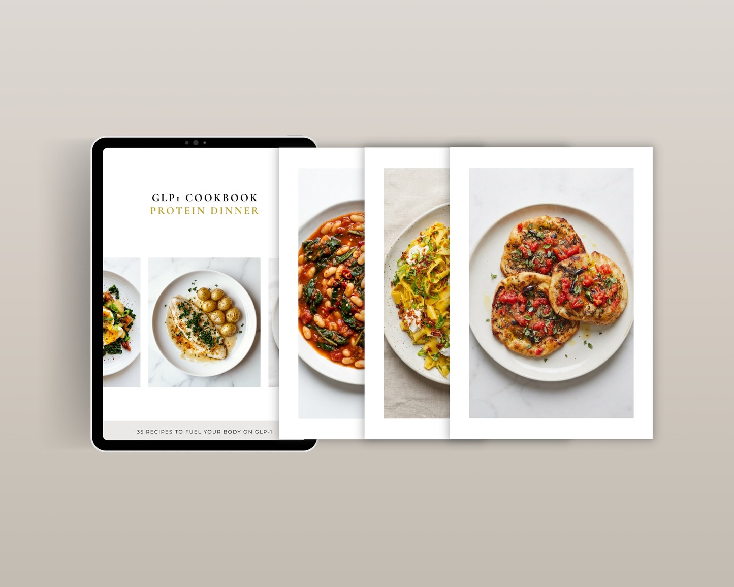 Ozempic-friendly protein meal guide preview — cookbook spread with recipe thumbnails