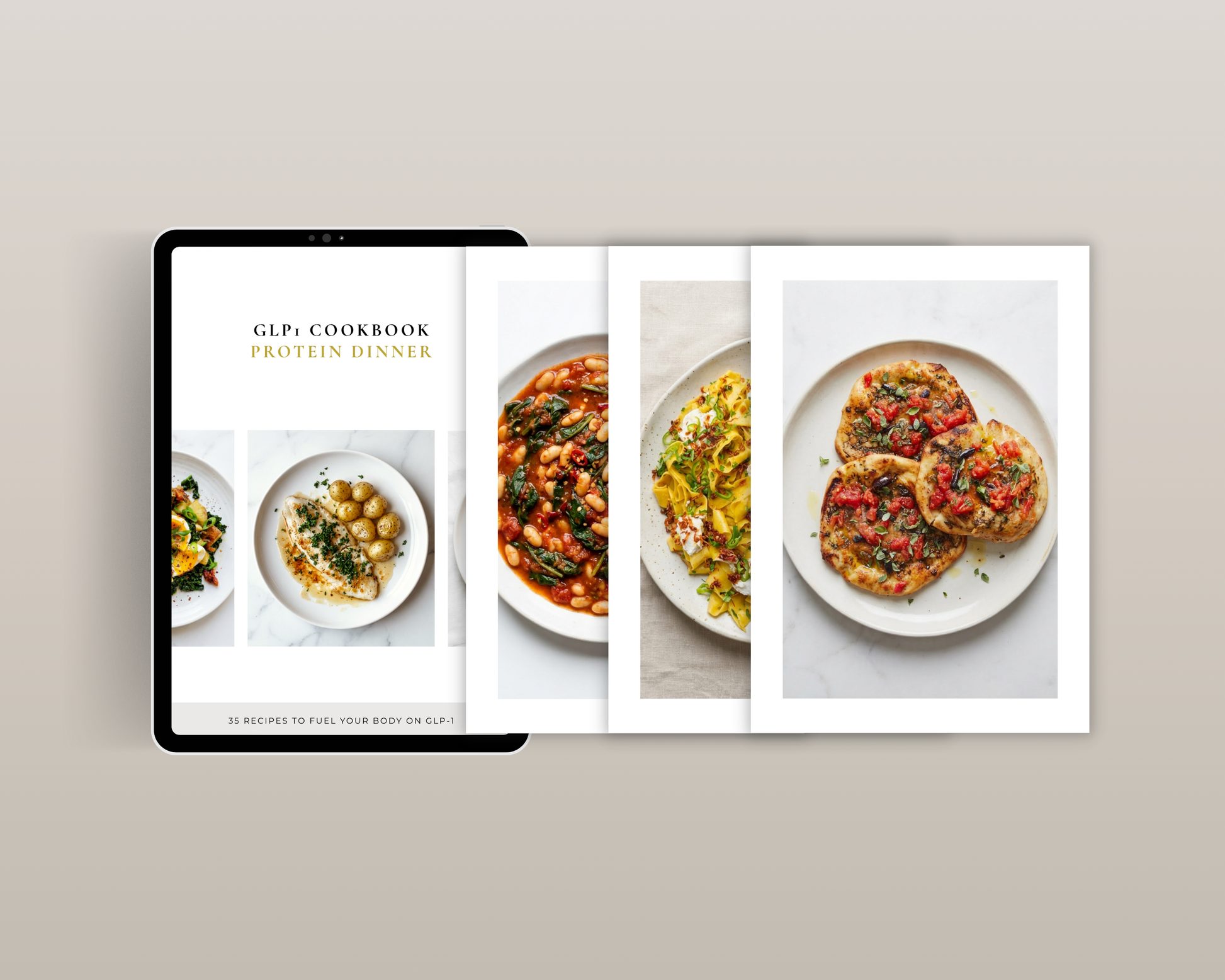Ozempic-friendly protein meal guide preview — cookbook spread with recipe thumbnails