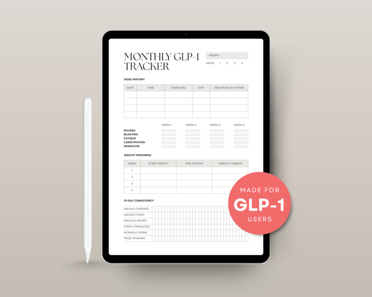 Monthly GLP-1 tracker printable cover in Black & Rose — 30-day progress log PDF download
