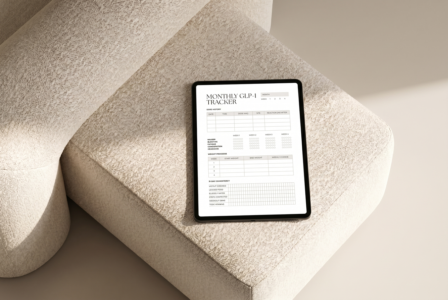 Printable monthly weight loss tracker in Warm Beige — for Ozempic and Wegovy users