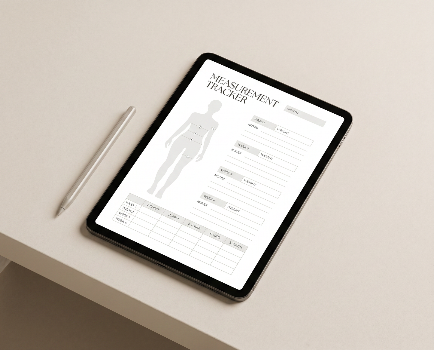 Printable body measurement tracker in Warm Beige — designed for Ozempic and Wegovy progress