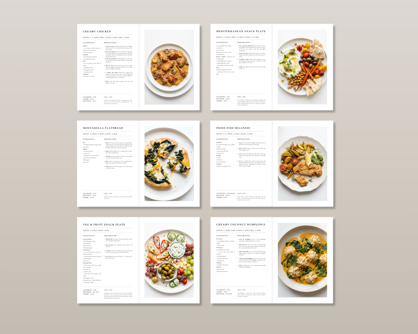 Flat lay of GLP-1 recipes comfort food cookbook beside a warm bowl of dinner