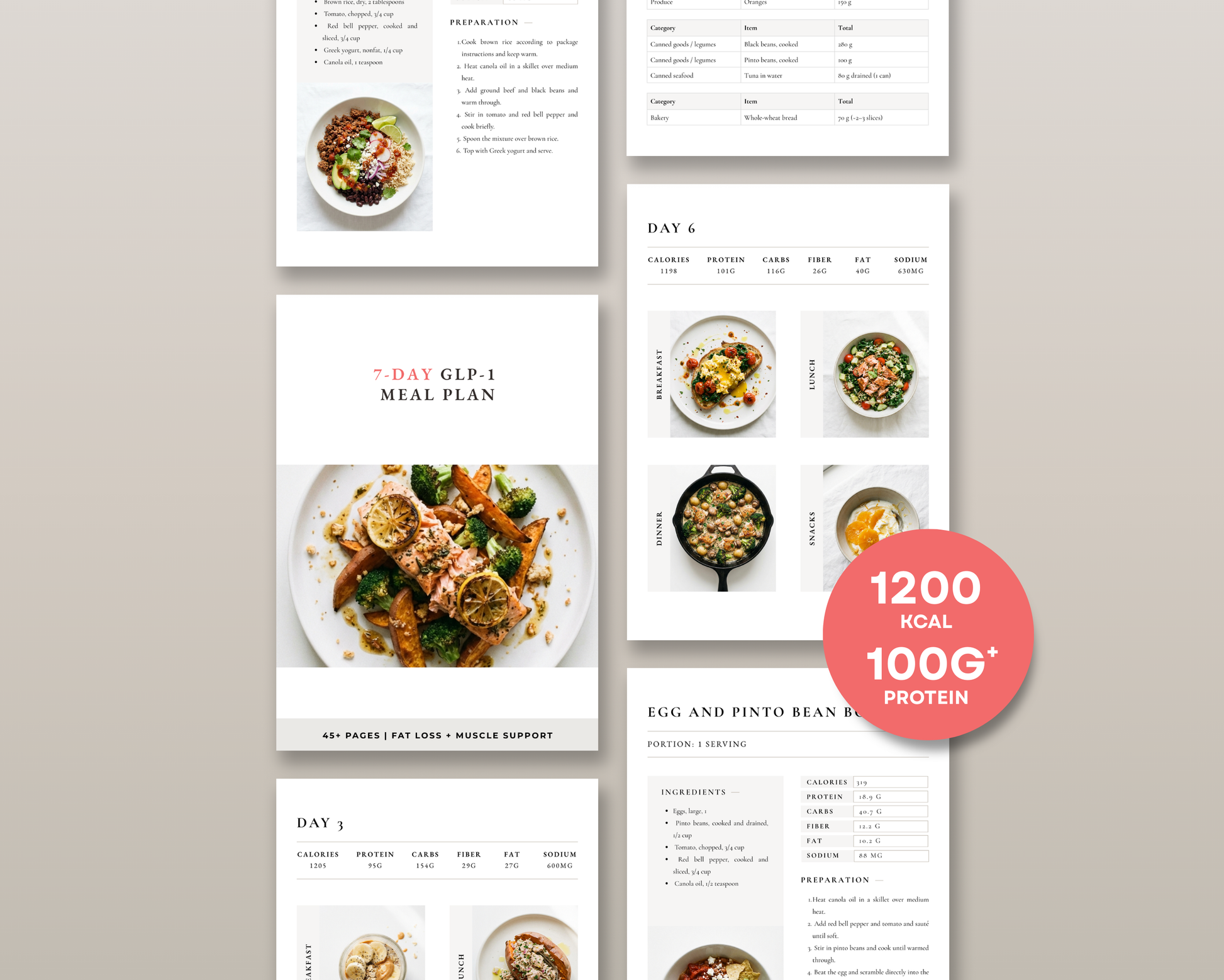 Tablet mockup displaying the GLP-1 meal plan PDF on a clean kitchen counter