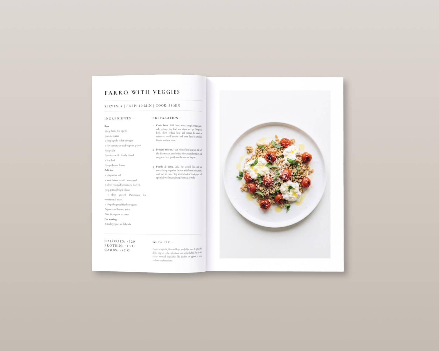 GLP-1 Light Meals Cookbook shown open to a smoothie or soft breakfast option