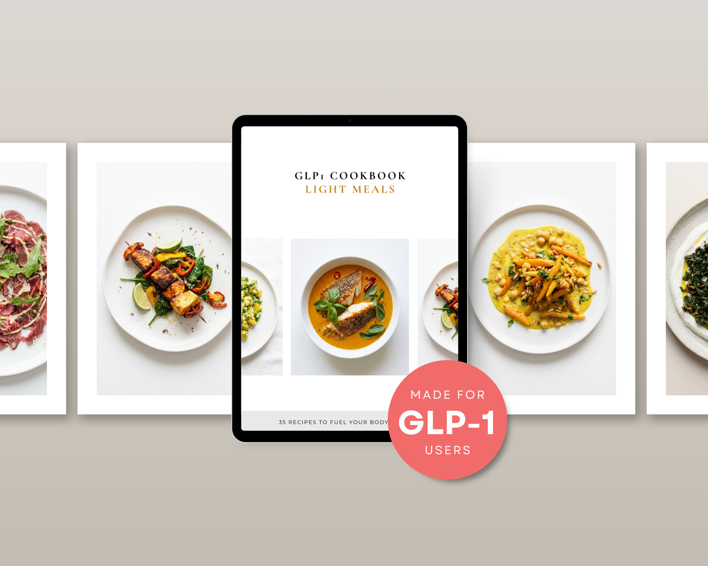 Woman reviewing the GLP-1 Light Meals Cookbook on her tablet at the kitchen table