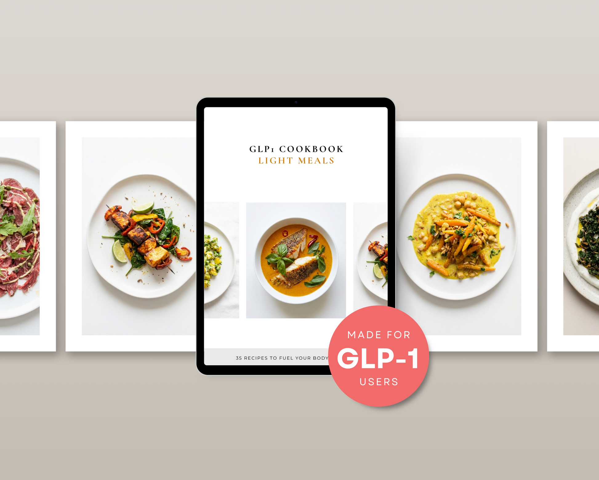 Woman reviewing the GLP-1 Light Meals Cookbook on her tablet at the kitchen table