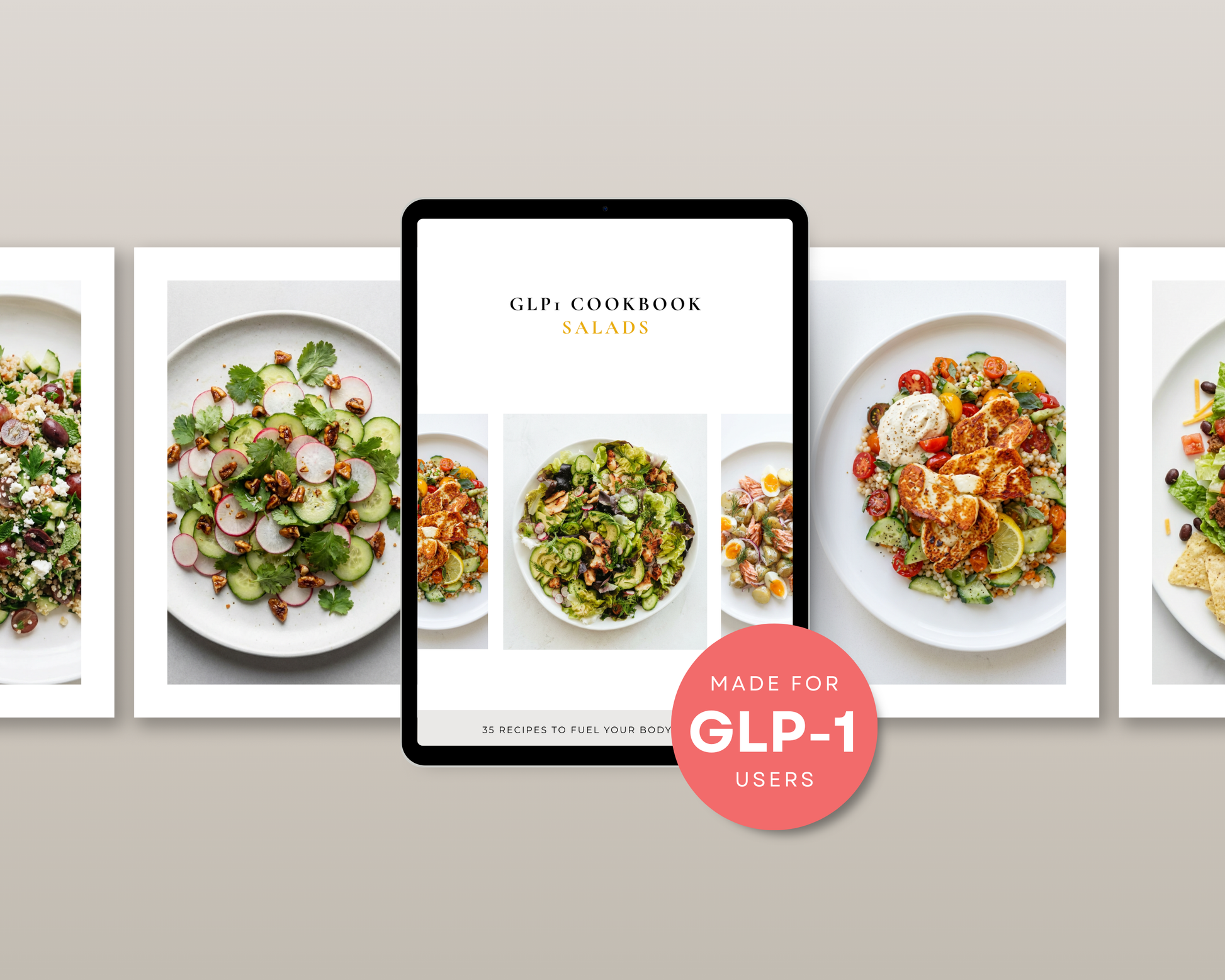 Table of contents page from the GLP-1 salads cookbook showing all 35 recipes