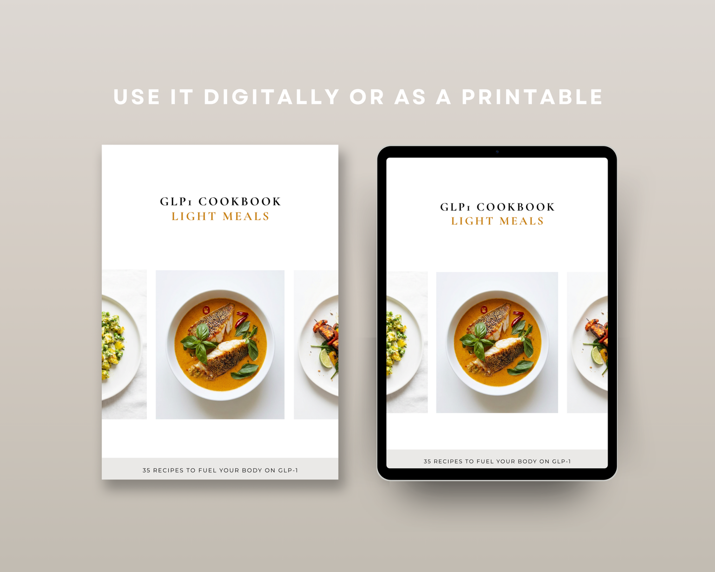 Recipe page showing a small satisfying plate with GLP-1 digestion tip