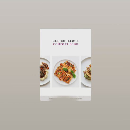 Digital cookbook preview showing GLP-1 recipes comfort food small portions layout