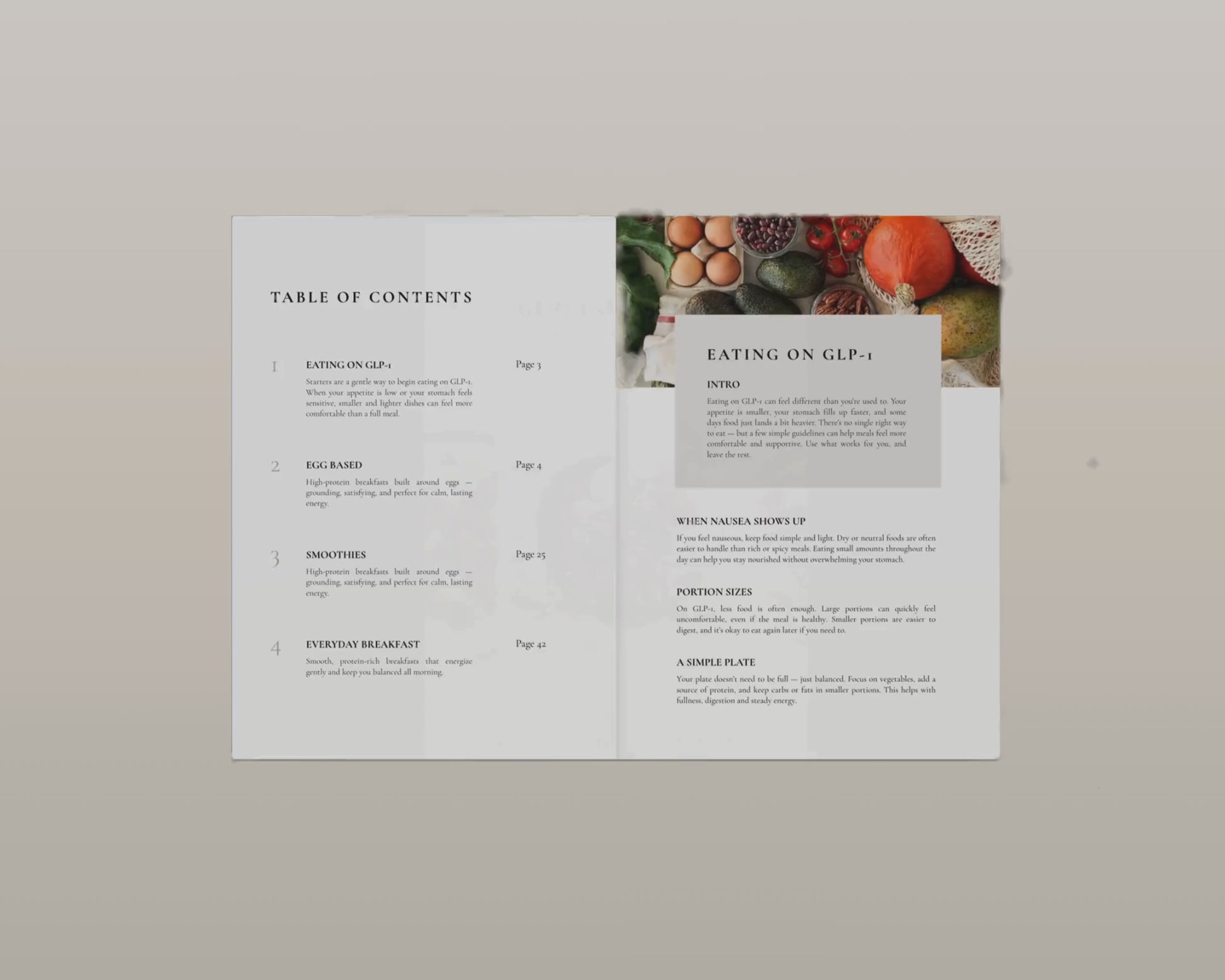 GLP-1 Breakfast Cookbook page featuring a nausea-free morning recipe with tips