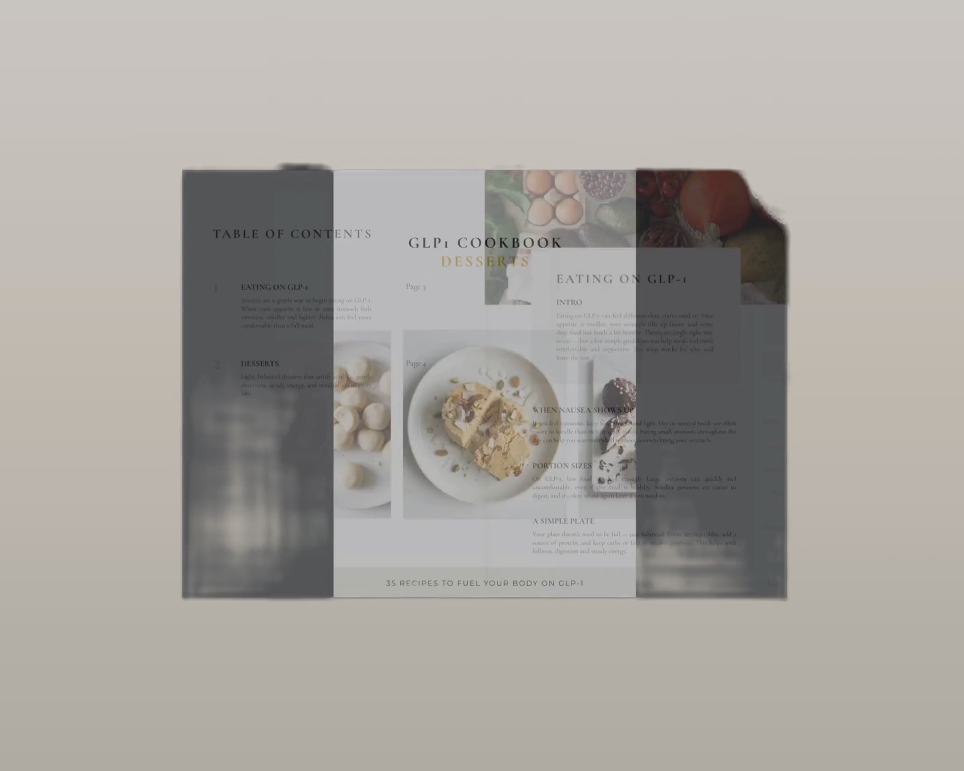 Digital cookbook open on desk — tirzepatide dessert recipes with step-by-step instructions