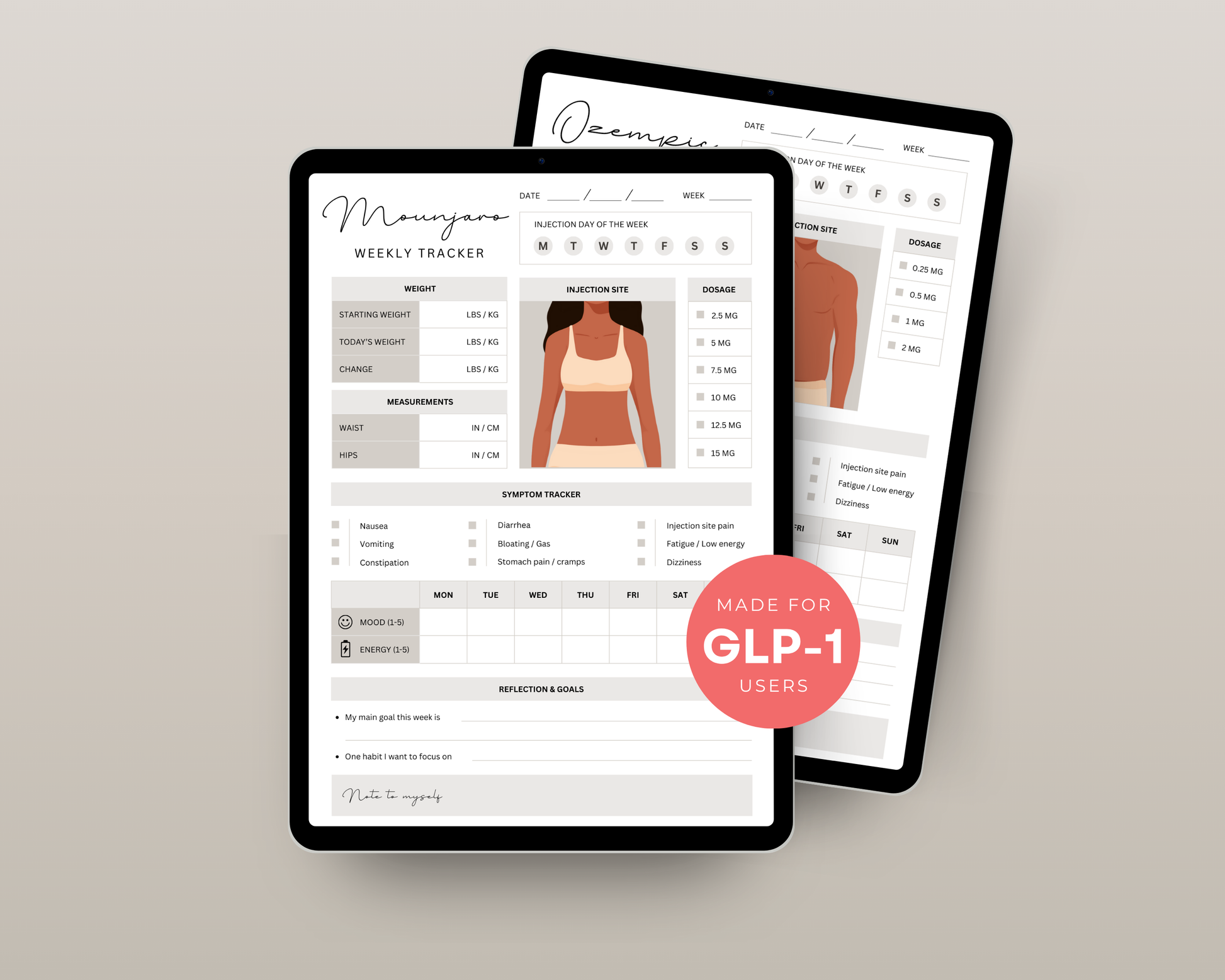 GLP-1 weekly tracker open on tablet showing Wegovy dosage log and injection site diagram
