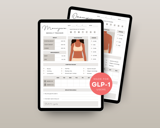 GLP-1 weekly tracker open on tablet showing Wegovy dosage log and injection site diagram
