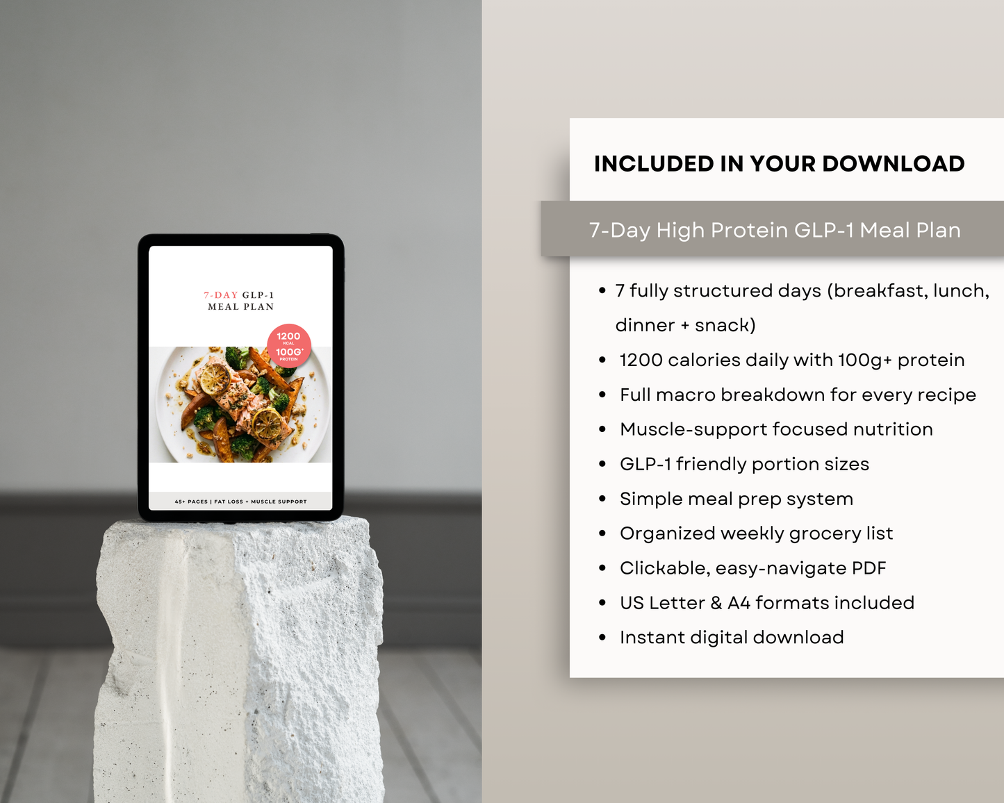 Day 1 breakfast page from the semaglutide diet plan PDF with portion guidance