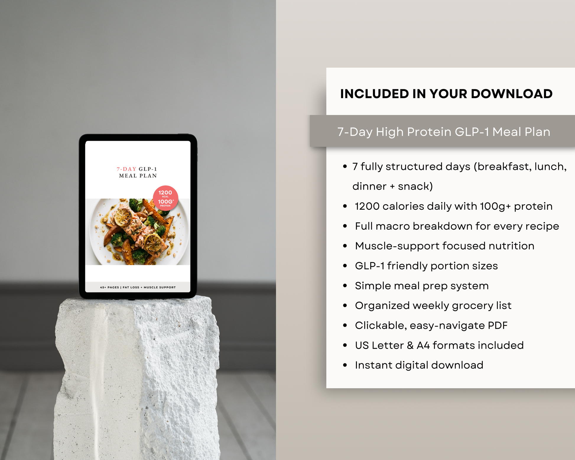Day 1 breakfast page from the semaglutide diet plan PDF with portion guidance